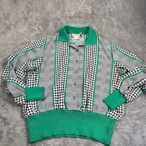 Vintage 80s Statement Blouse Women 16 Green Houndstooth Plaid Grandpa Core USA